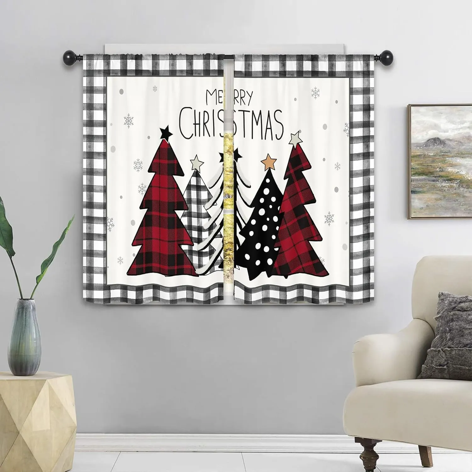 Christmas Tree Winter Kitchen Curtains 27.5W x 39L Inch Xmas Pine Farmhouse Rustic Plaid Black White Red Holiday Rod Pocket Short Small Window Treatment Drapes Decor 2 Panels