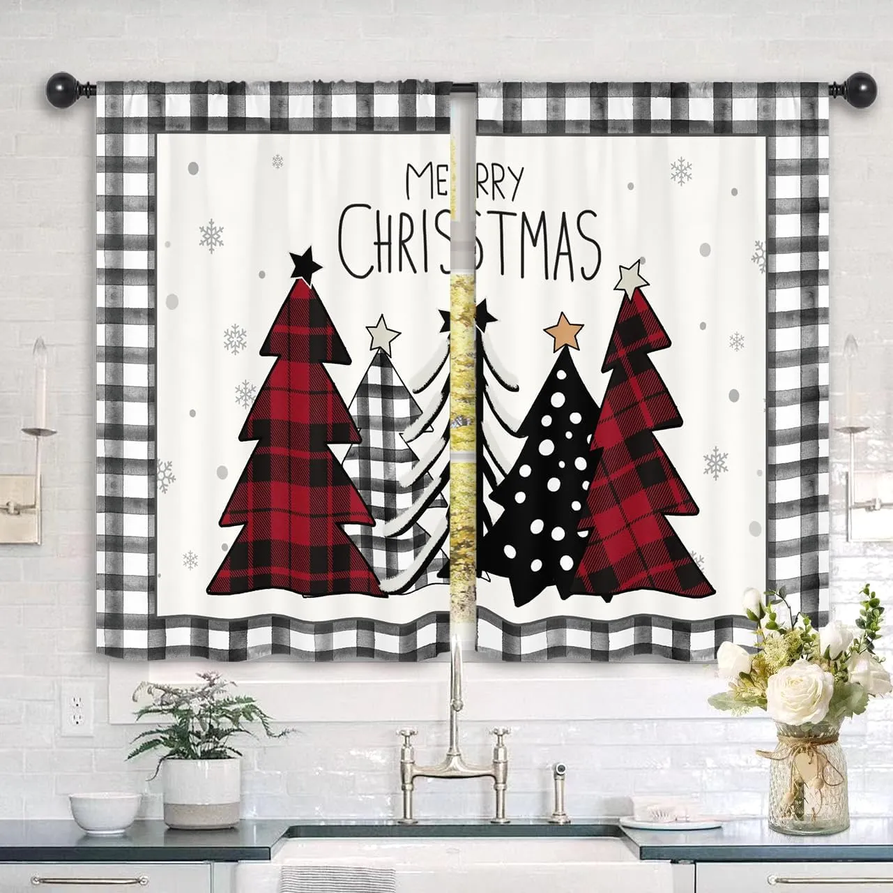 Christmas Tree Winter Kitchen Curtains 27.5W x 39L Inch Xmas Pine Farmhouse Rustic Plaid Black White Red Holiday Rod Pocket Short Small Window Treatment Drapes Decor 2 Panels