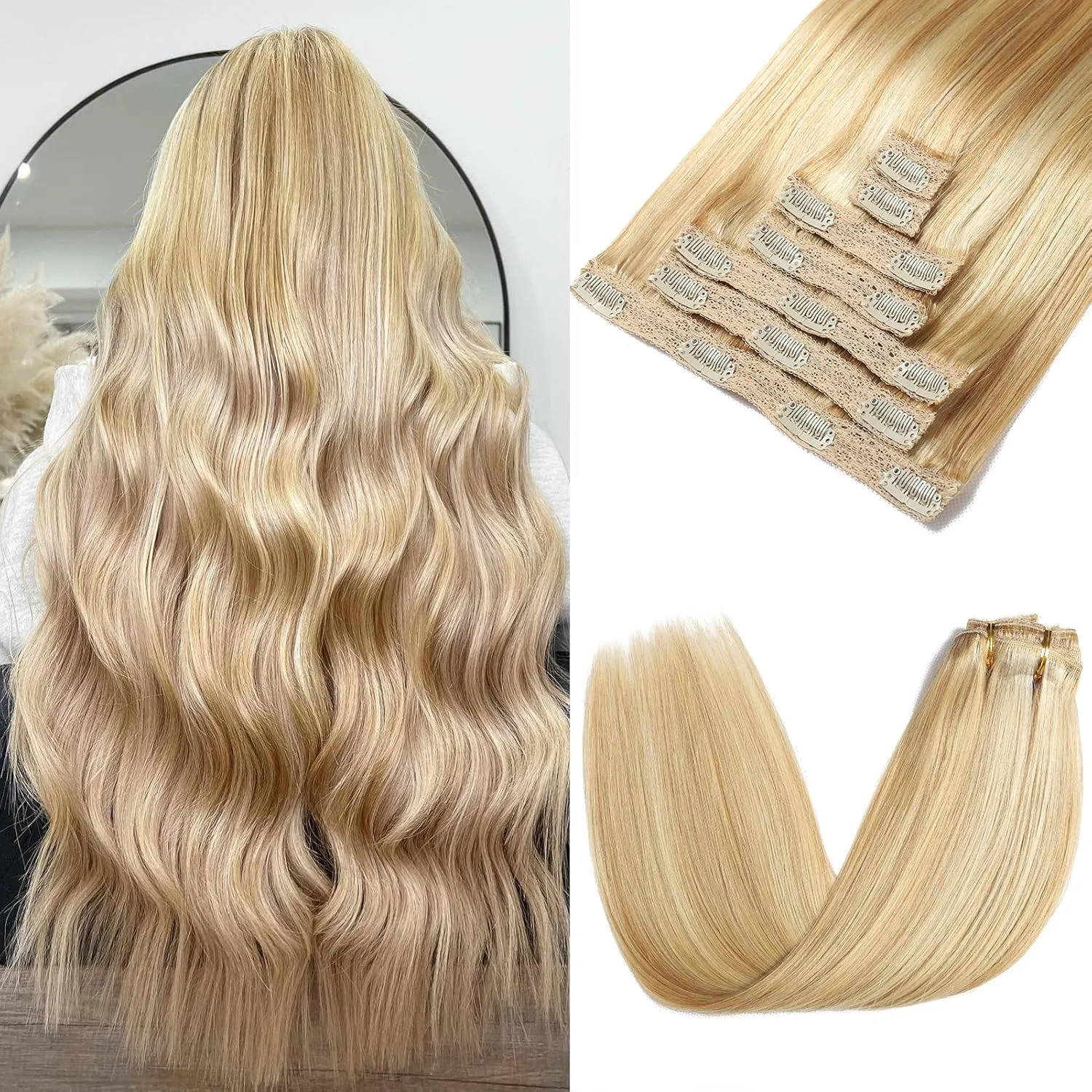 Clip in Hair Extensions Real Human Hair - 120g 20 Inch 7pcs, Dirty Blonde to Bleach Blonde Highlight - Soft Remy Hair Extensions Real Human Hair Clip ins for Women (20 Inch)