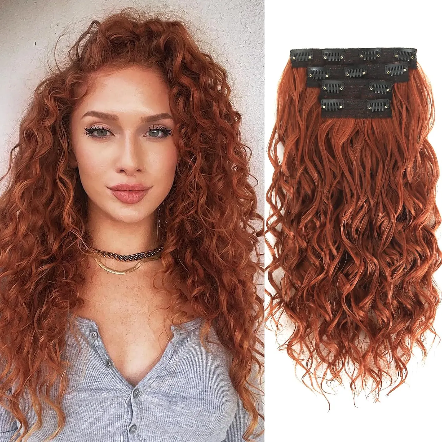Clip in Hair Extensions,LEOSA 4PCS 16 inch Curly Hair Extensions Short Soft Natural Hairpiece Lace Weft Curly Wave Clip Ins Extensions Invisible for Women,Ginger Copper Red