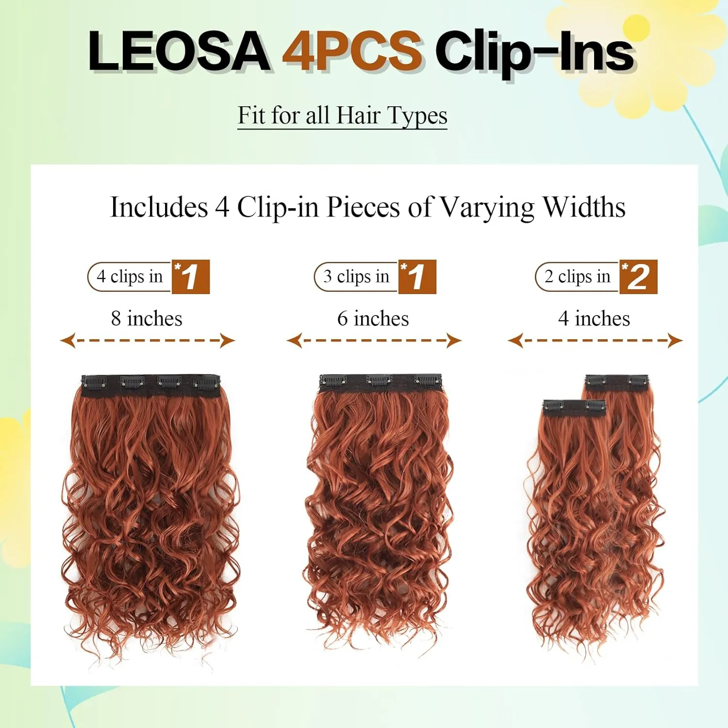 Clip in Hair Extensions,LEOSA 4PCS 16 inch Curly Hair Extensions Short Soft Natural Hairpiece Lace Weft Curly Wave Clip Ins Extensions Invisible for Women,Ginger Copper Red