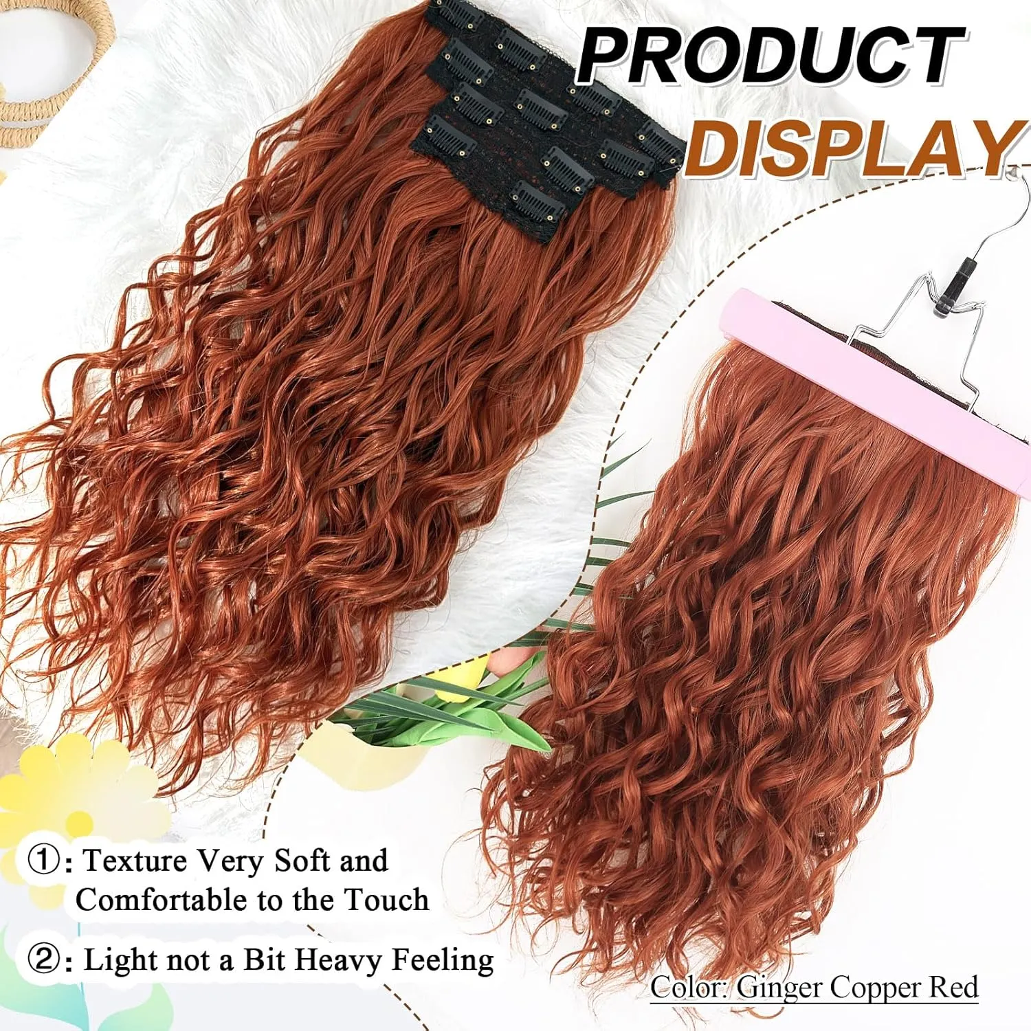 Clip in Hair Extensions,LEOSA 4PCS 16 inch Curly Hair Extensions Short Soft Natural Hairpiece Lace Weft Curly Wave Clip Ins Extensions Invisible for Women,Ginger Copper Red