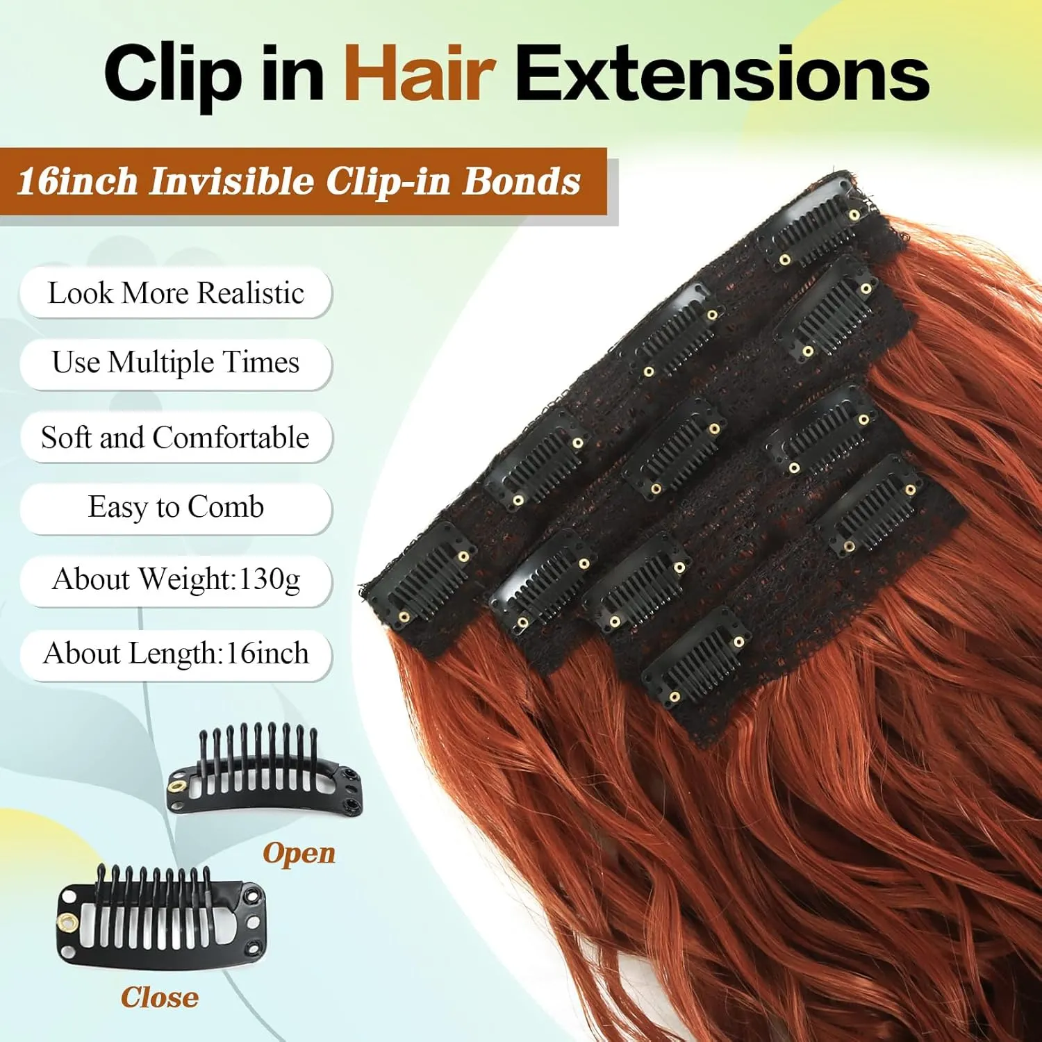 Clip in Hair Extensions,LEOSA 4PCS 16 inch Curly Hair Extensions Short Soft Natural Hairpiece Lace Weft Curly Wave Clip Ins Extensions Invisible for Women,Ginger Copper Red