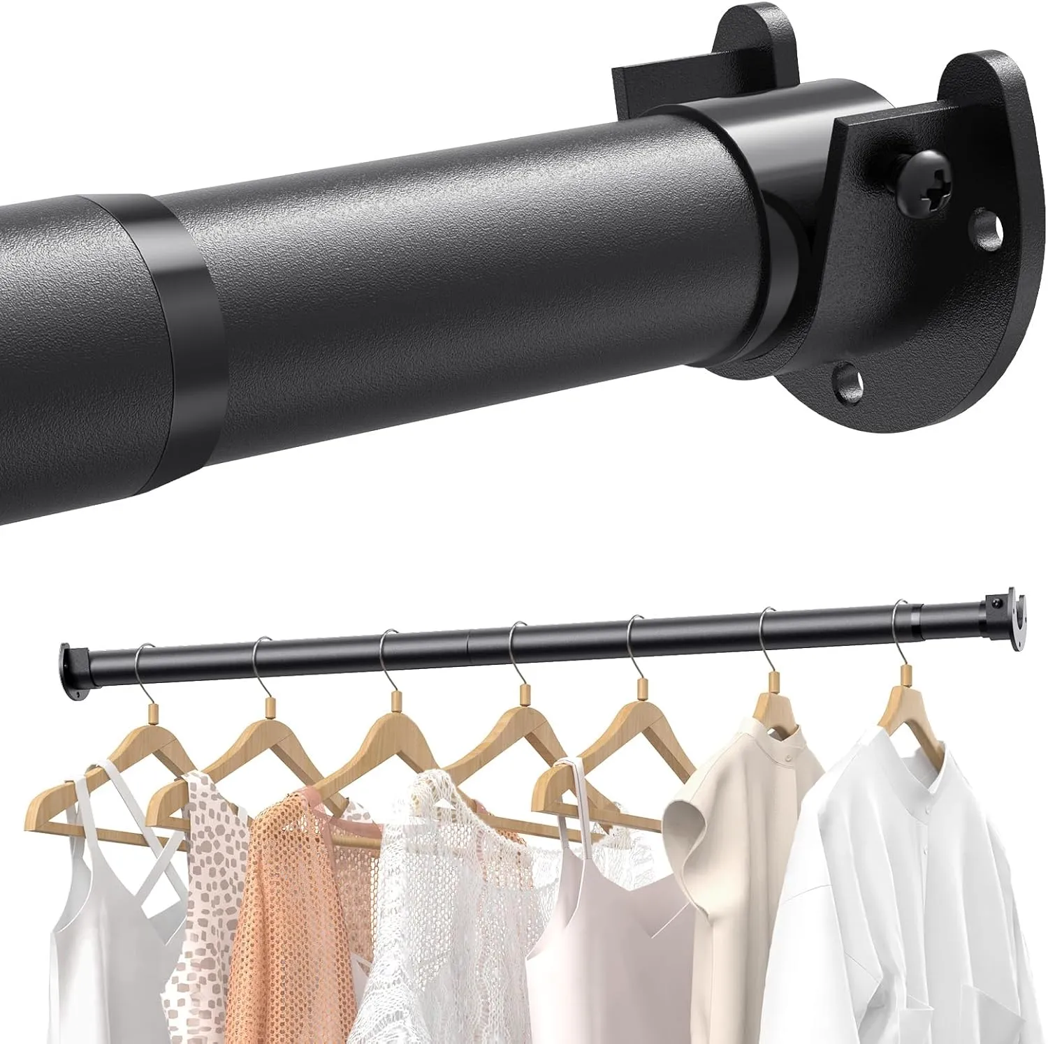 Closet Rods for Hanging Clothes, 17 to 69 Inches Stepless Adjustable Metal Closet Rod, 1.3 Inches Heavy Duty Clothes Hanging Rod for Closet Wardrobes Laundry RV