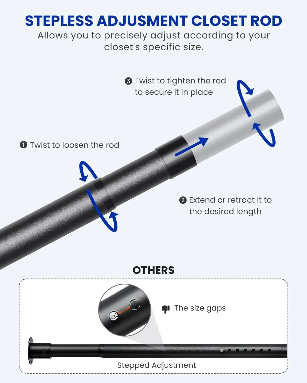 Closet Rods for Hanging Clothes, 17 to 69 Inches Stepless Adjustable Metal Closet Rod, 1.3 Inches Heavy Duty Clothes Hanging Rod for Closet Wardrobes Laundry RV