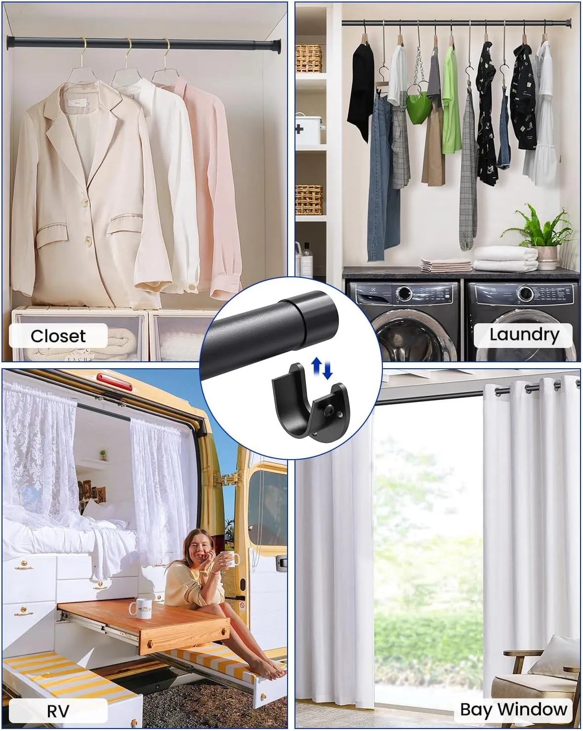 Closet Rods for Hanging Clothes, 17 to 69 Inches Stepless Adjustable Metal Closet Rod, 1.3 Inches Heavy Duty Clothes Hanging Rod for Closet Wardrobes Laundry RV