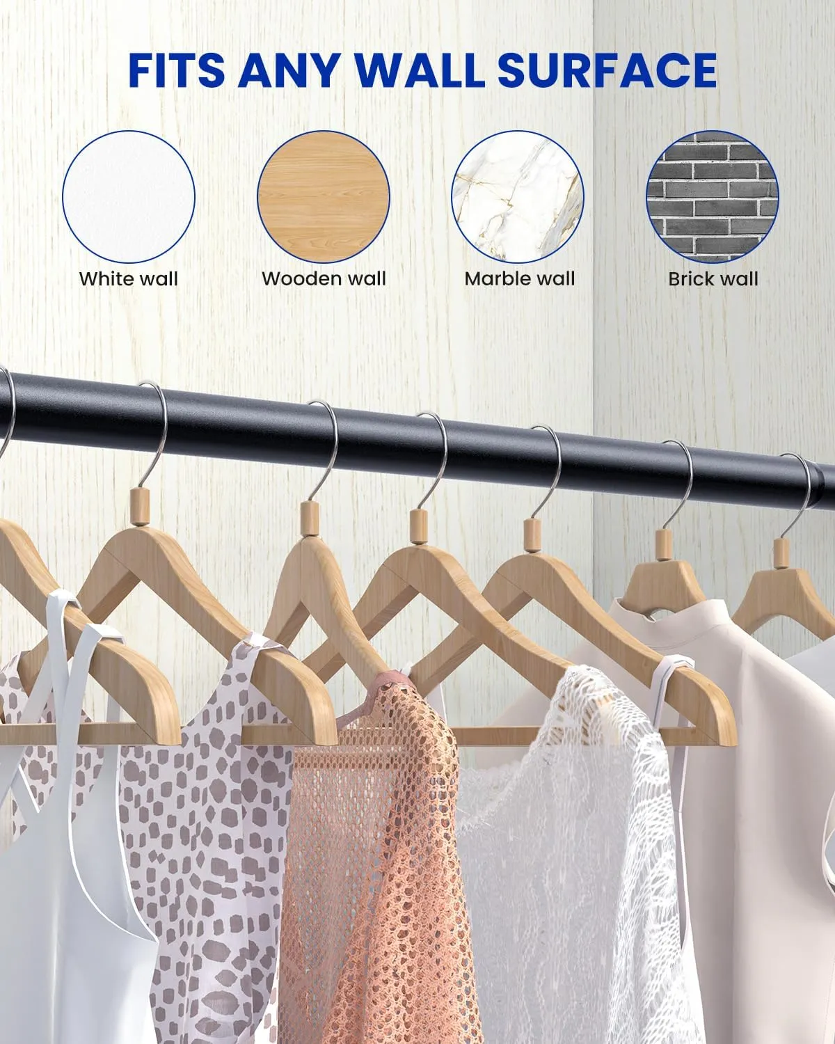 Closet Rods for Hanging Clothes, 17 to 69 Inches Stepless Adjustable Metal Closet Rod, 1.3 Inches Heavy Duty Clothes Hanging Rod for Closet Wardrobes Laundry RV