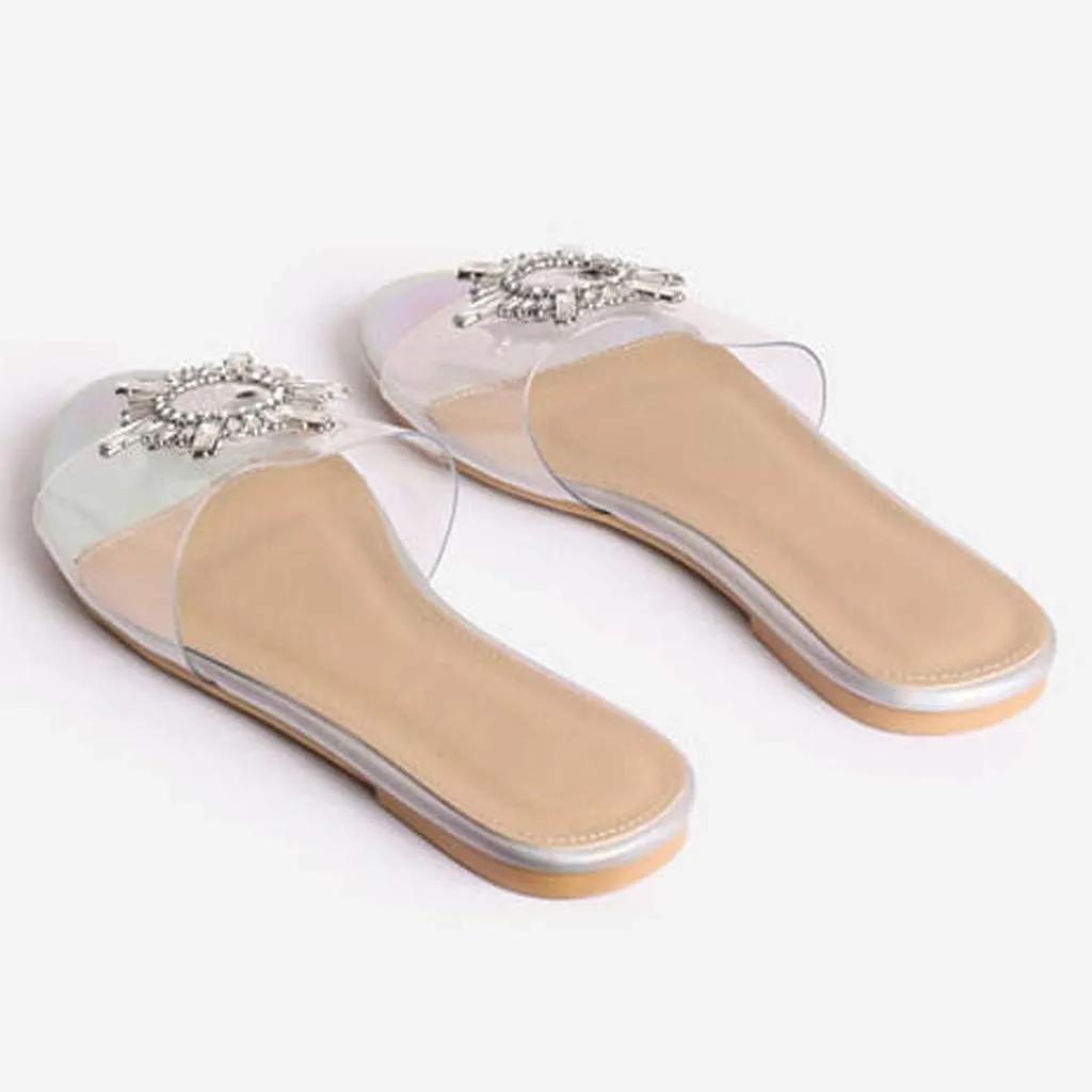 Comfortable Slip On Slide Sandals Womens Crystal Open Toe Sandals Slippers Casual Beach Shoes