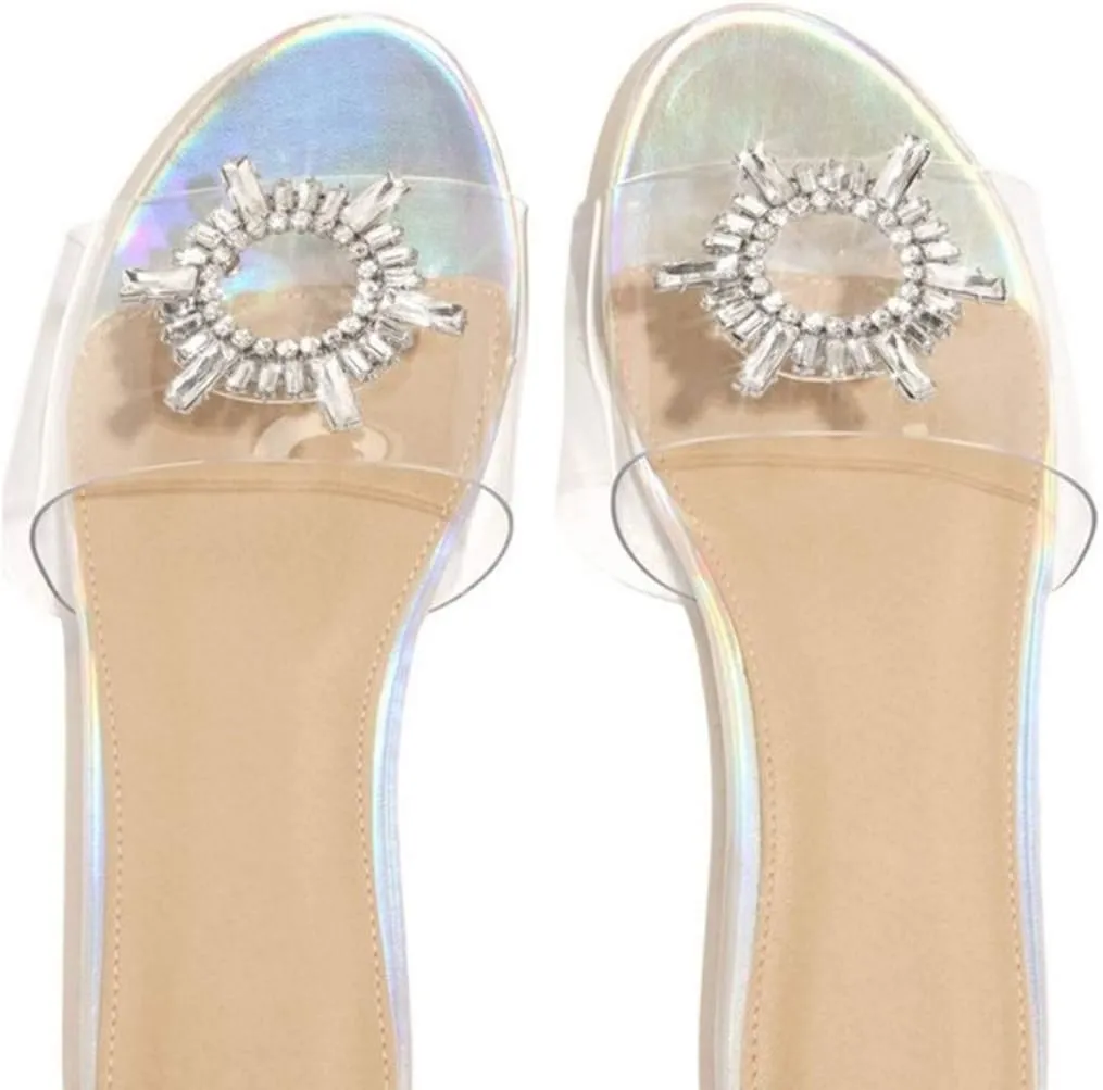 Comfortable Slip On Slide Sandals Womens Crystal Open Toe Sandals Slippers Casual Beach Shoes