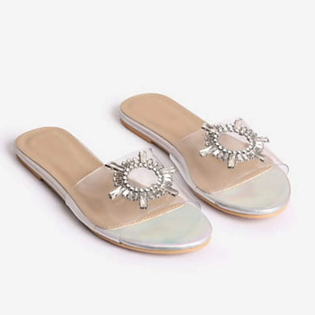 Comfortable Slip On Slide Sandals Womens Crystal Open Toe Sandals Slippers Casual Beach Shoes