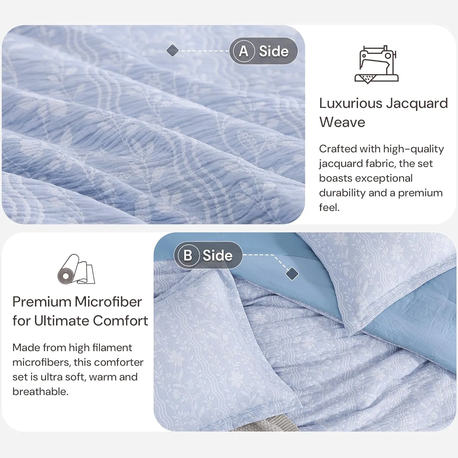 Comforter Set Queen Size - 7 Pieces Floral Blue Bedding for All Seasons, Farmhouse Shabby Chic Embroidery Bed Set, Soft Jacquard Queen Comforter Set with Sheets, Pillowcases & Shams