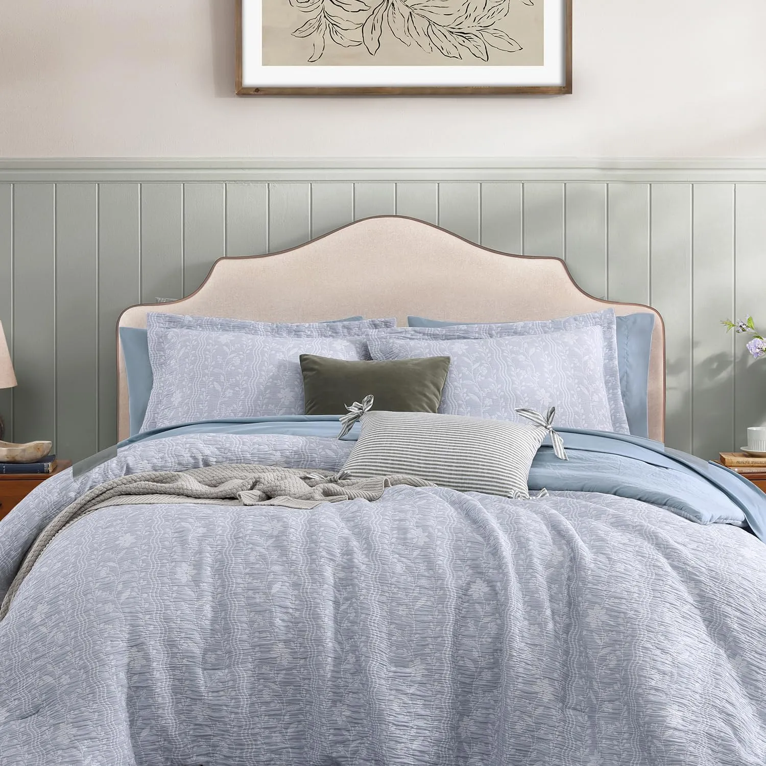 Comforter Set Queen Size - 7 Pieces Floral Blue Bedding for All Seasons, Farmhouse Shabby Chic Embroidery Bed Set, Soft Jacquard Queen Comforter Set with Sheets, Pillowcases & Shams