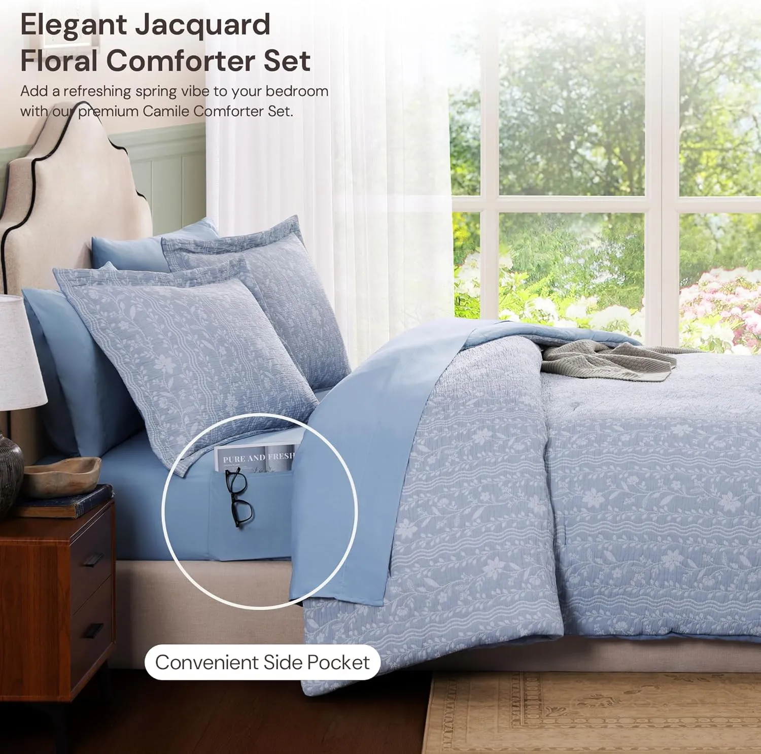 Comforter Set Queen Size - 7 Pieces Floral Blue Bedding for All Seasons, Farmhouse Shabby Chic Embroidery Bed Set, Soft Jacquard Queen Comforter Set with Sheets, Pillowcases & Shams