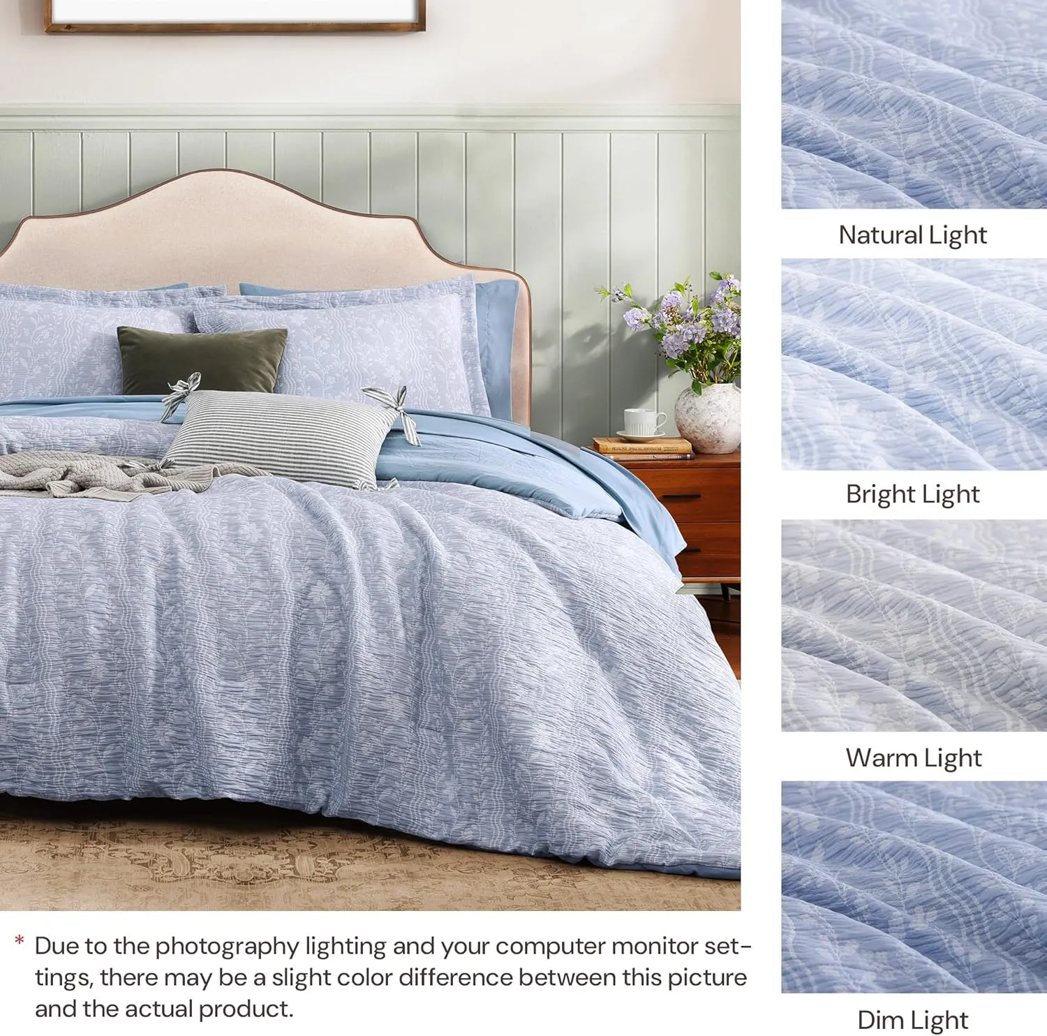 Comforter Set Queen Size - 7 Pieces Floral Blue Bedding for All Seasons, Farmhouse Shabby Chic Embroidery Bed Set, Soft Jacquard Queen Comforter Set with Sheets, Pillowcases & Shams