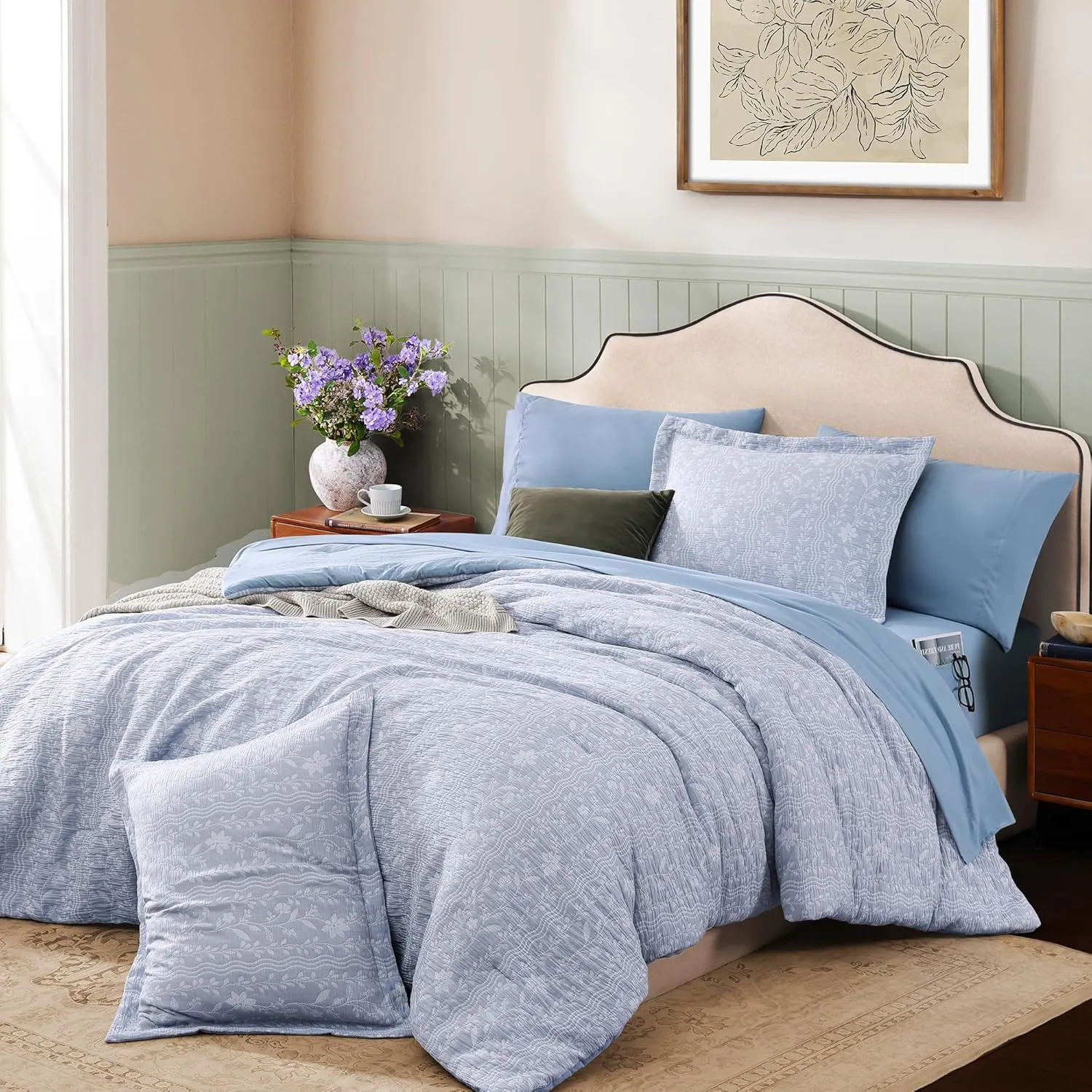 Comforter Set Queen Size - 7 Pieces Floral Blue Bedding for All Seasons, Farmhouse Shabby Chic Embroidery Bed Set, Soft Jacquard Queen Comforter Set with Sheets, Pillowcases & Shams