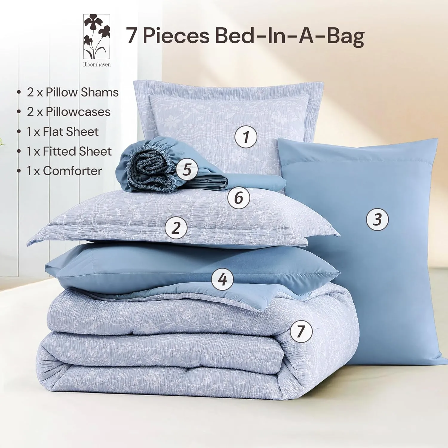Comforter Set Queen Size - 7 Pieces Floral Blue Bedding for All Seasons, Farmhouse Shabby Chic Embroidery Bed Set, Soft Jacquard Queen Comforter Set with Sheets, Pillowcases & Shams