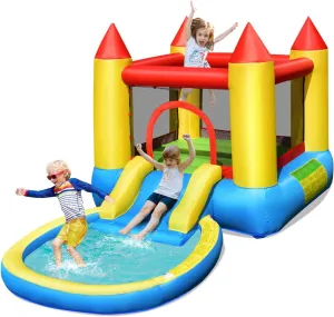 Costzon Inflatable Bounce House with Slide, 2-in-1 Kids Jumping Castle with Water Pool & Ball Pit for Littles, Wet Dry Water Bounce House Inflatables for Kids Outdoor Backyard Party Gifts