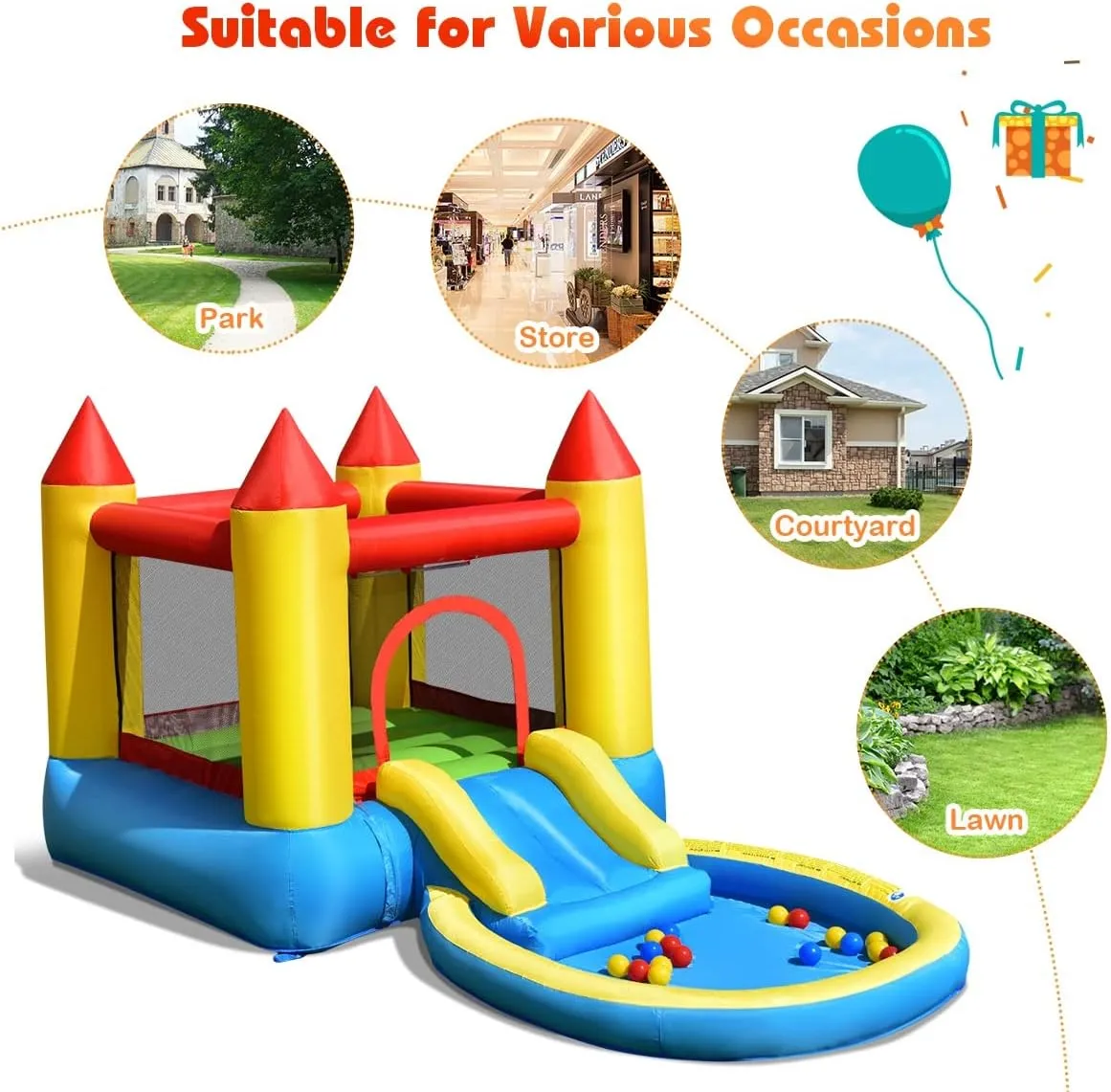 Costzon Inflatable Bounce House with Slide, 2-in-1 Kids Jumping Castle with Water Pool & Ball Pit for Littles, Wet Dry Water Bounce House Inflatables for Kids Outdoor Backyard Party Gifts