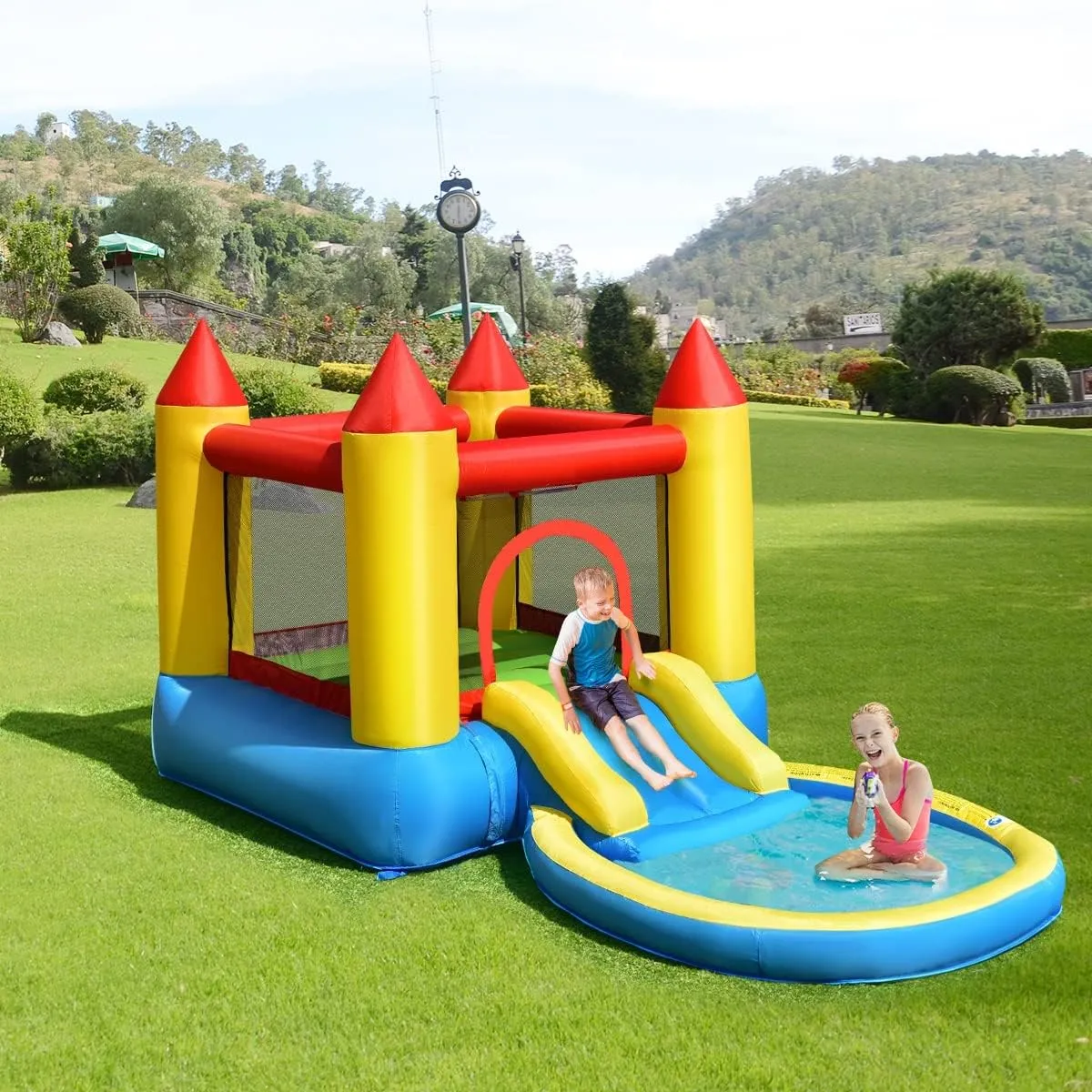 Costzon Inflatable Bounce House with Slide, 2-in-1 Kids Jumping Castle with Water Pool & Ball Pit for Littles, Wet Dry Water Bounce House Inflatables for Kids Outdoor Backyard Party Gifts