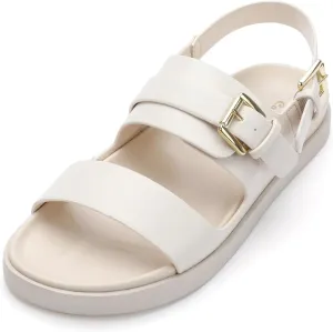 CosyFever Women's Beige Slip On Flat Footbed Sandals Adjustable Back Strap Comfortable Walking Shoes for Casual Outfits Summer Work - 11 B(M) US