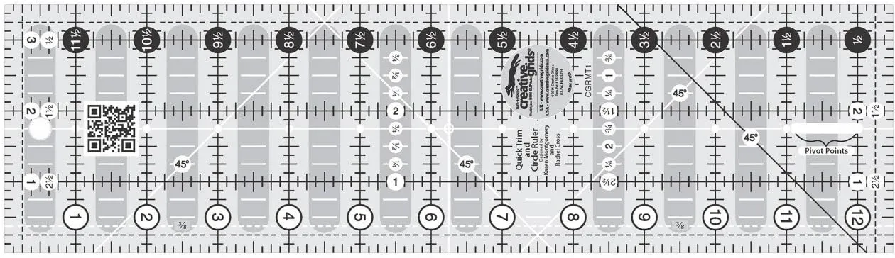 Creative Grids Quick Trim and Circle Quilting Ruler – CGRMT1 – Made in USA, 3-1/2in x 12-1/2in Rectangle, Non-Slip Grip Acrylic Quilting, Sewing, Crafting, Patchwork Ruler for Measuring