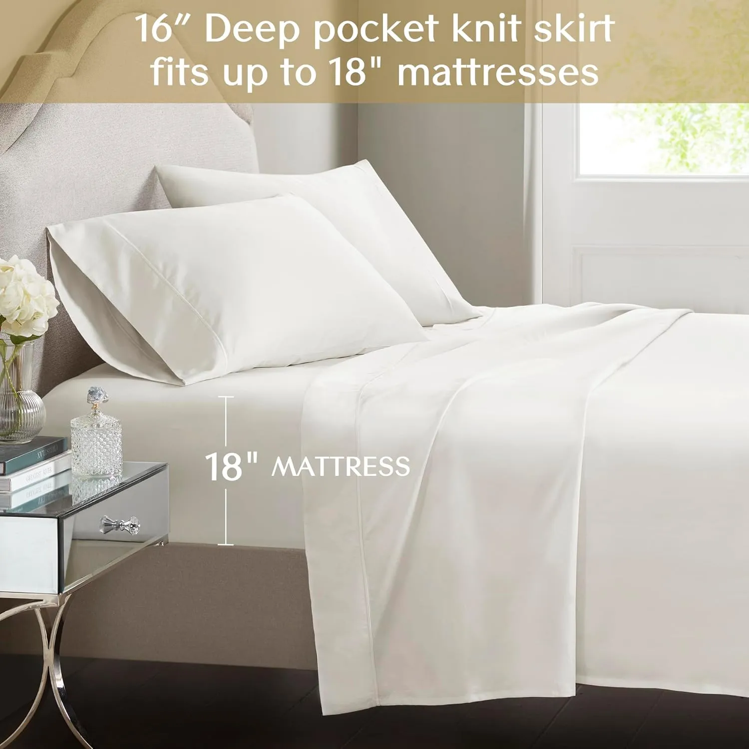CROSCILL Egyptian Cotton Sheet Luxuriously Soft 500TC Cotton Sheets, Fitted Deep Pocket Sheet Set Fits Up to 18" Mattress, All Seasons 100% Certified Egyptian Cotton Bed Sheets, Queen White 4 Piece