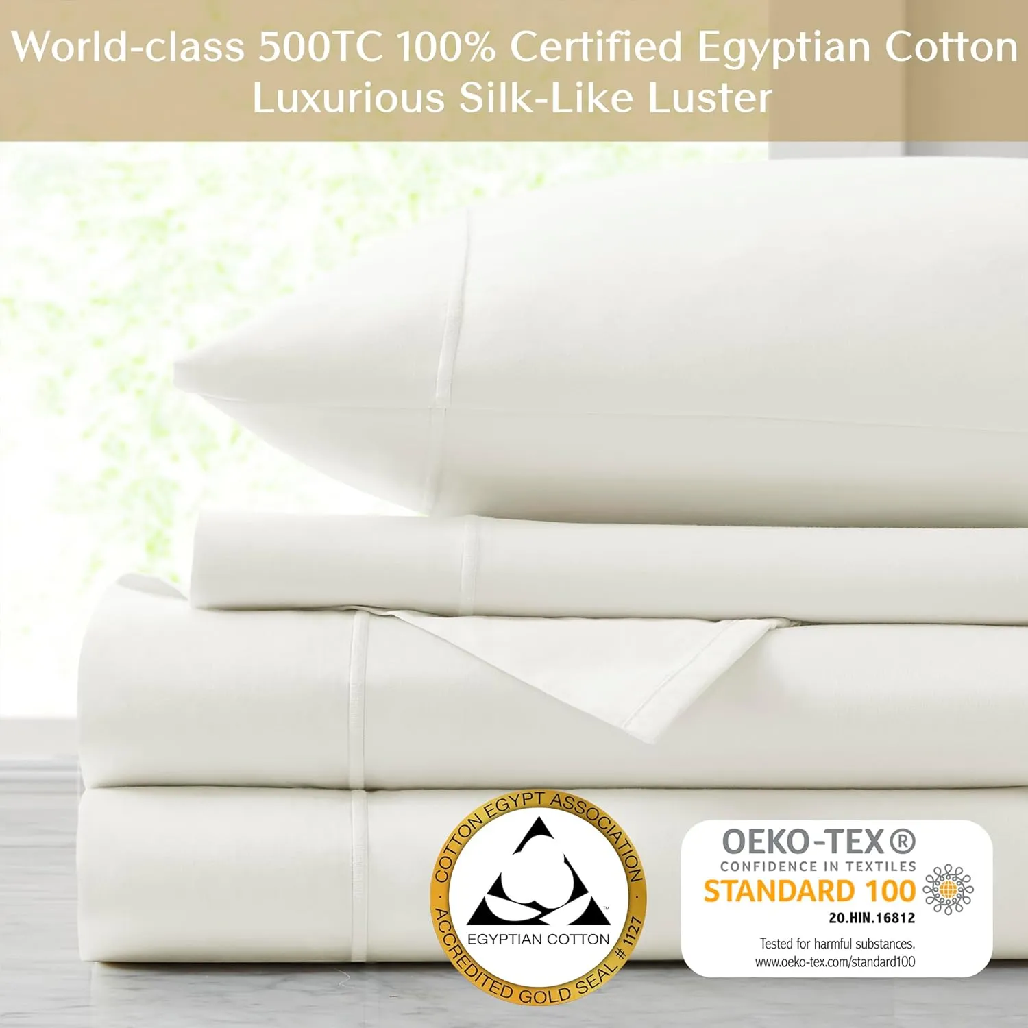 CROSCILL Egyptian Cotton Sheet Luxuriously Soft 500TC Cotton Sheets, Fitted Deep Pocket Sheet Set Fits Up to 18" Mattress, All Seasons 100% Certified Egyptian Cotton Bed Sheets, Queen White 4 Piece