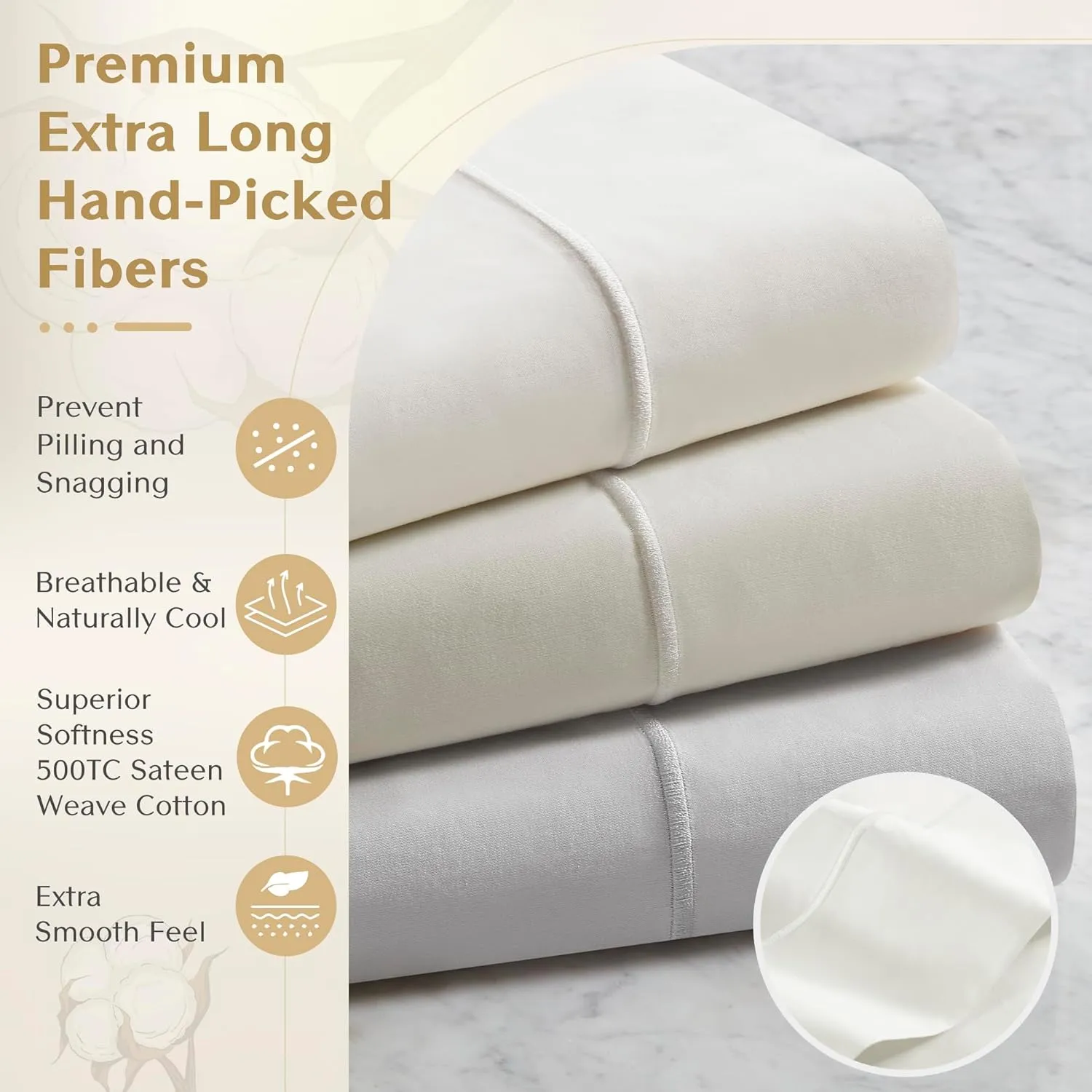 CROSCILL Egyptian Cotton Sheet Luxuriously Soft 500TC Cotton Sheets, Fitted Deep Pocket Sheet Set Fits Up to 18" Mattress, All Seasons 100% Certified Egyptian Cotton Bed Sheets, Queen White 4 Piece