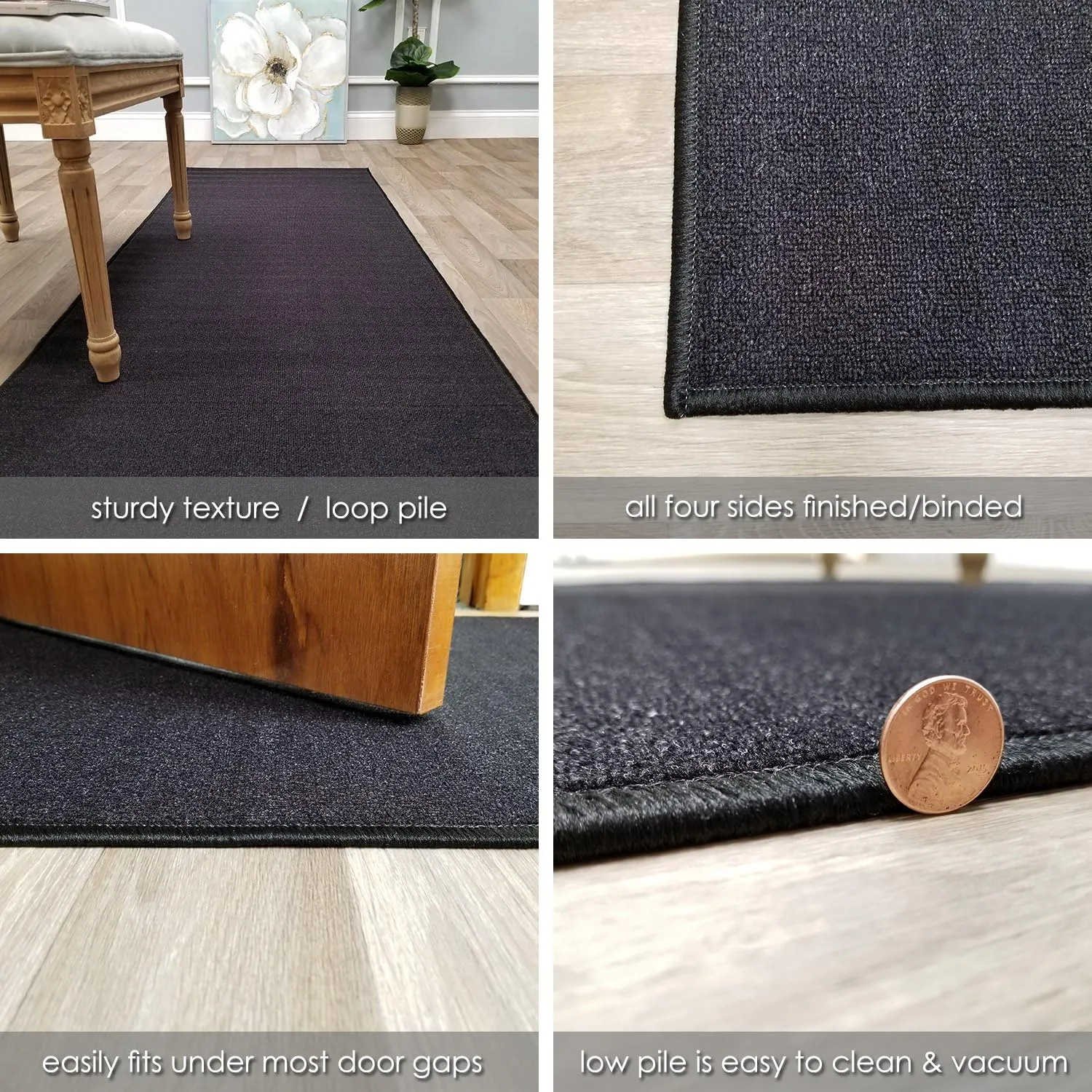 Custom Size Black Solid Plain Rubber Backed Non-Slip Hallway Stair Runner Rug Carpet 22 inch Wide Choose Your Length 22in X 5ft