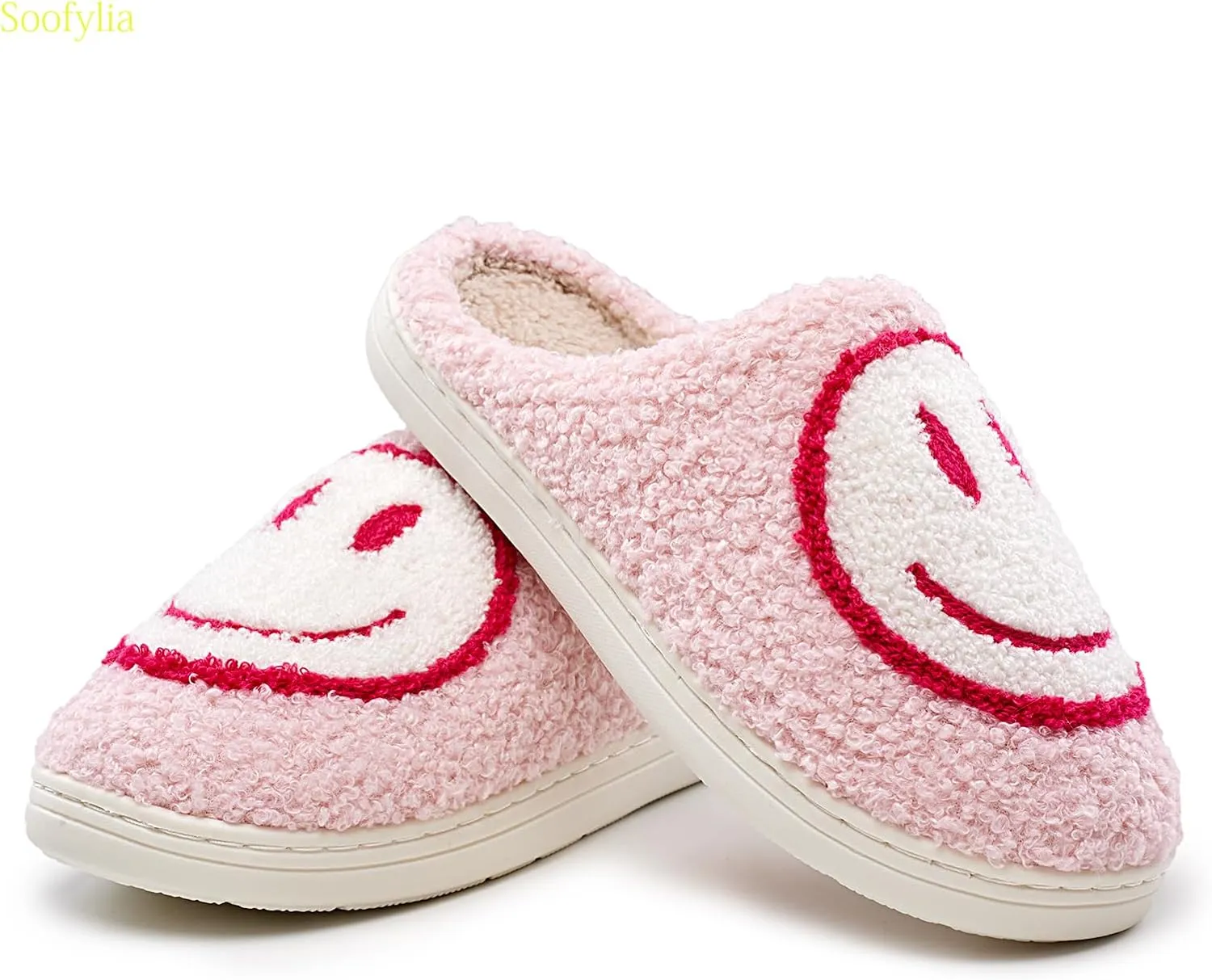 Cute Smile Face Slippers for Women and Men,Soft Plush Comfy Warm Couple Slip-On House Happy Face Slippers For Winter Indoor Outdoor Smile Slippers Non-slip Fuzzy Flat Slides