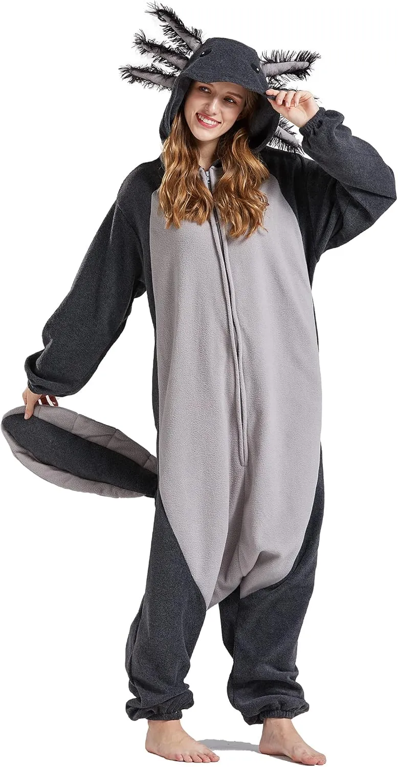 DELEY Unisex Axolotl Costume Adult Onesie, One Piece Pajamas, Halloween Cosplay Costumes Homewear Jumpsuit,Animal Onesie