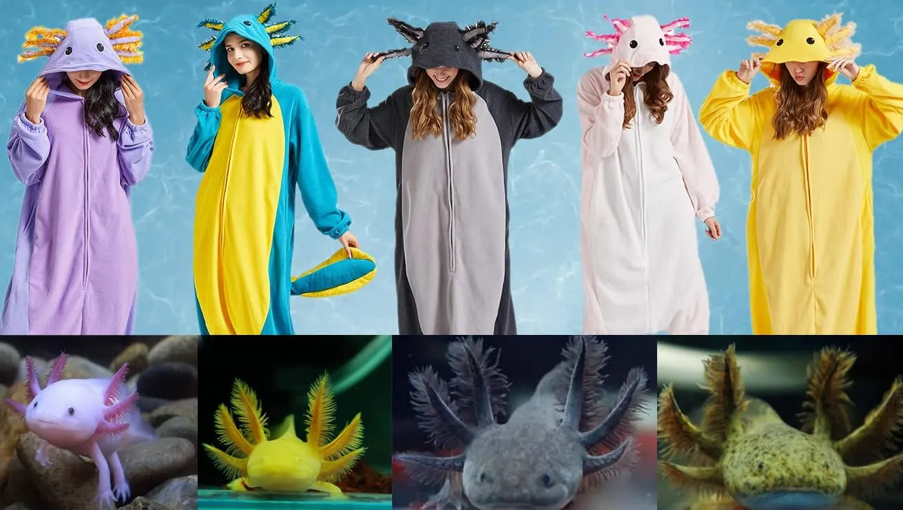 DELEY Unisex Axolotl Costume Adult Onesie, One Piece Pajamas, Halloween Cosplay Costumes Homewear Jumpsuit,Animal Onesie
