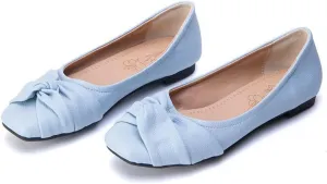 DINTAHA Womens Ballet Flat with Bow,Womens Square Toe Flats,Casual Slip On Work Flat Ballerina Shoes