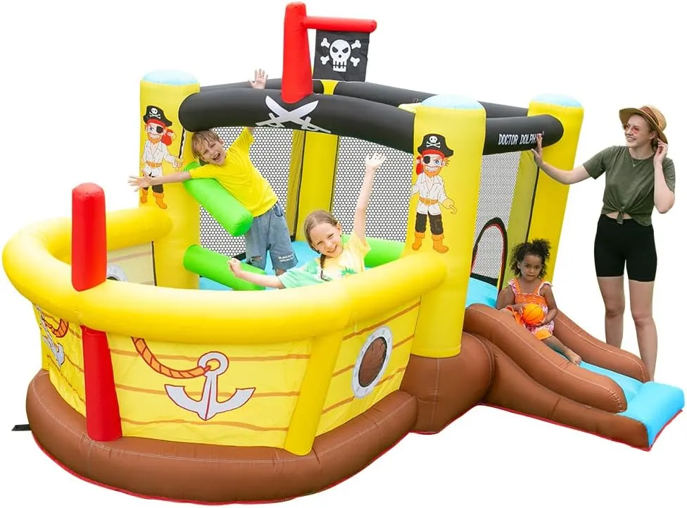 Doctor Dolphin Bounce House Inflatable Slide with Obstacles - Blower - Pirate Ship Theme - Ball Pit - Basketball Hoop, Inflatable Bouncers for Toddlers Kids Outdoor or Indoor, Wet and Dry