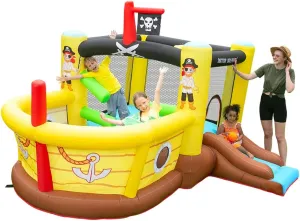 Doctor Dolphin Bounce House Inflatable Slide with Obstacles - Blower - Pirate Ship Theme - Ball Pit - Basketball Hoop, Inflatable Bouncers for Toddlers Kids Outdoor or Indoor, Wet and Dry