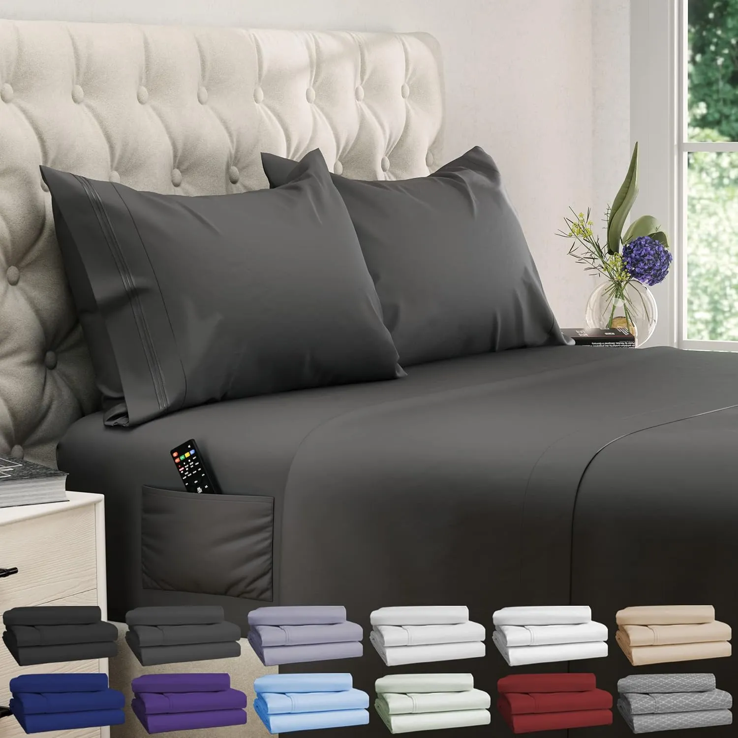 DREAMCARE King Size Sheets Set - Cooling Bed Sheets - 4pcs Set - up to 15" Deep Pocket King Sheet Set – Soft & Long Lasting Cooling - 100% Fine Brushed Polyester with Side Pocket - Gray