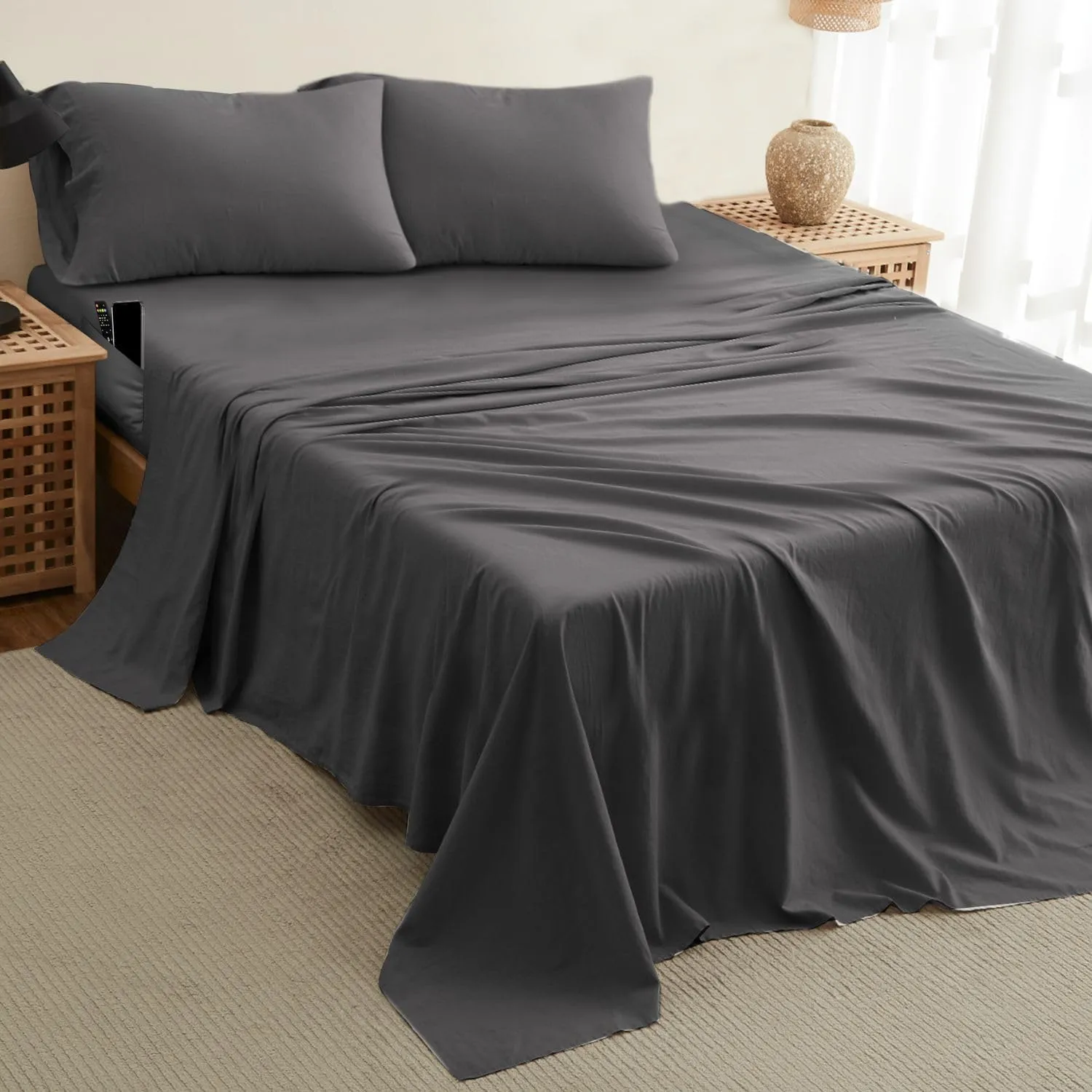 DREAMCARE King Size Sheets Set - Cooling Bed Sheets - 4pcs Set - up to 15" Deep Pocket King Sheet Set – Soft & Long Lasting Cooling - 100% Fine Brushed Polyester with Side Pocket - Gray