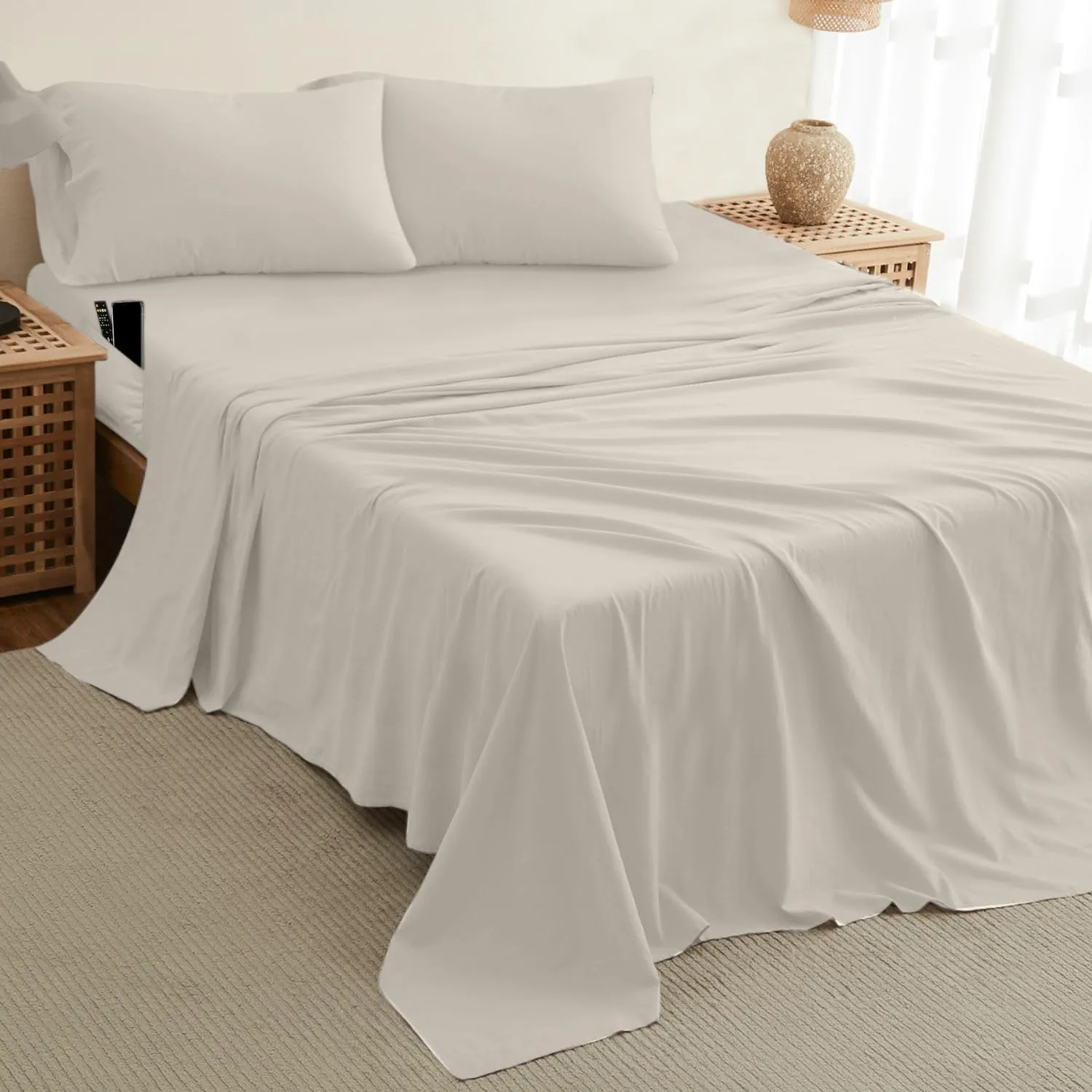 DREAMCARE King Size Sheets Set - Cooling Bed Sheets - 4pcs Set - up to 15" Deep Pocket King Sheet Set – Soft & Long Lasting Cooling - 100% Fine Brushed Polyester with Side Pocket - Ivory