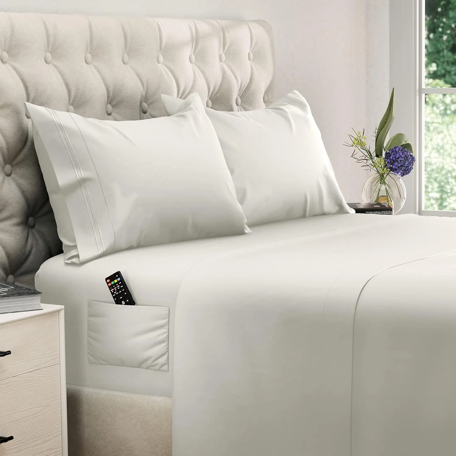 DREAMCARE King Size Sheets Set - Cooling Bed Sheets - 4pcs Set - up to 15" Deep Pocket King Sheet Set – Soft & Long Lasting Cooling - 100% Fine Brushed Polyester with Side Pocket - Ivory