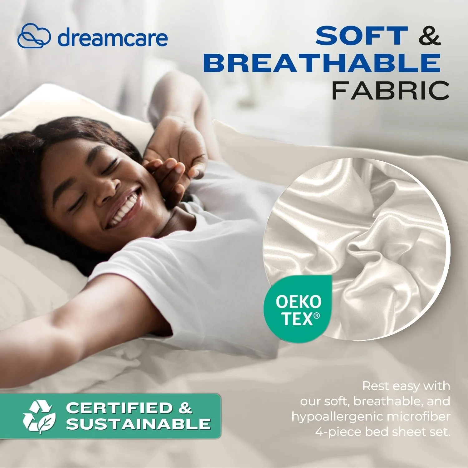 DREAMCARE King Size Sheets Set - Cooling Bed Sheets - 4pcs Set - up to 15" Deep Pocket King Sheet Set – Soft & Long Lasting Cooling - 100% Fine Brushed Polyester with Side Pocket - Ivory