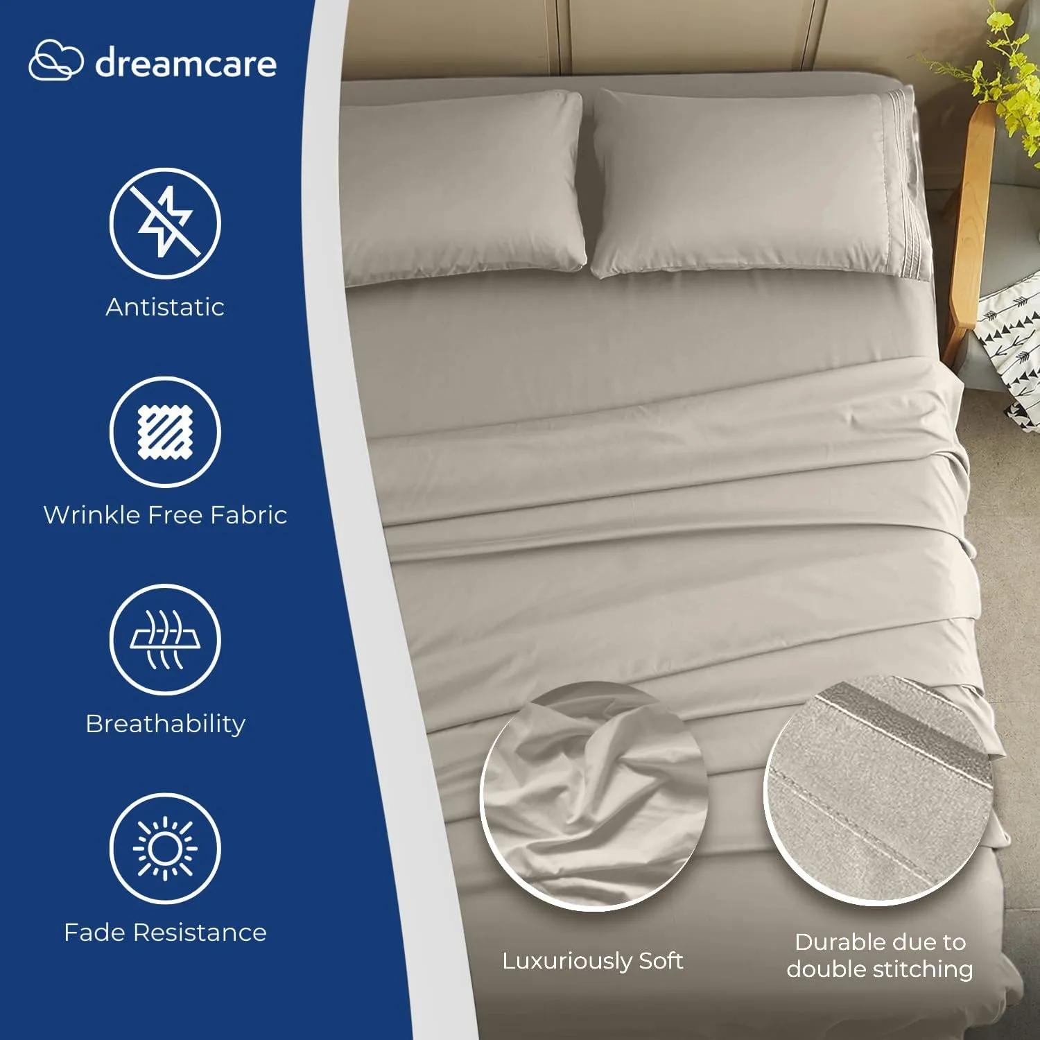 DREAMCARE King Size Sheets Set - Cooling Bed Sheets - 4pcs Set - up to 15" Deep Pocket King Sheet Set – Soft & Long Lasting Cooling - 100% Fine Brushed Polyester with Side Pocket - Ivory