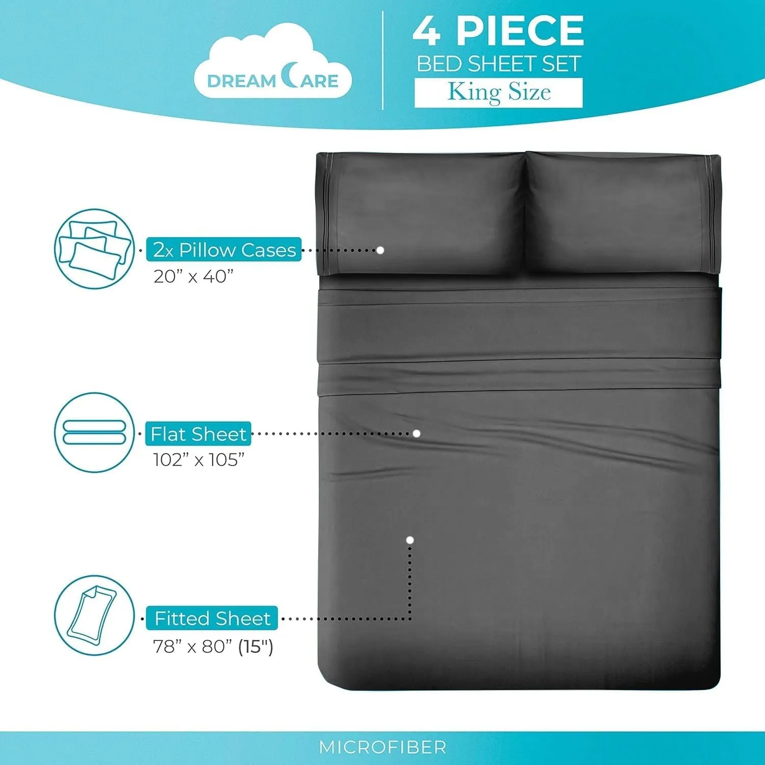 DREAMCARE Twin XL Sheet Set - Cooling Bed Sheets - 4pc Set - Deep Pocket - Soft & Long Lasting 100% Polyester with Side Pocket - Dark Gray