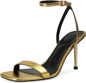 Dsevht Womens Heeled Sandals Square Open Toe Sexy Stiletto High Heels Strappy Ankle Strap Sandal Comfort Dress Party Shoes