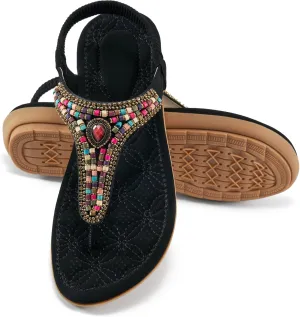Ecetana Womens Sandals Dressy Flat with Bohemian Beaded Comfortable Casual Summer Slip On Ankle Elastic Thong Shoes