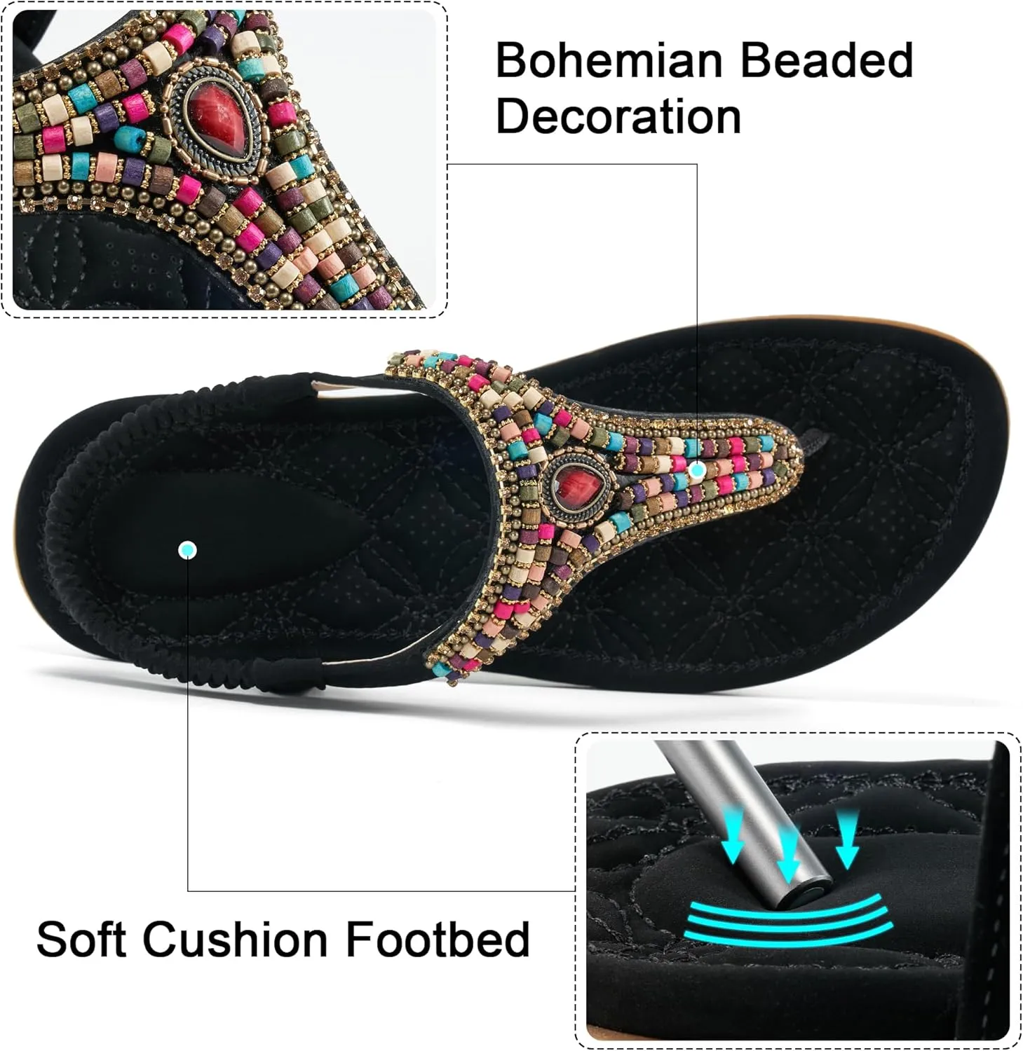 Ecetana Womens Sandals Dressy Flat with Bohemian Beaded Comfortable Casual Summer Slip On Ankle Elastic Thong Shoes