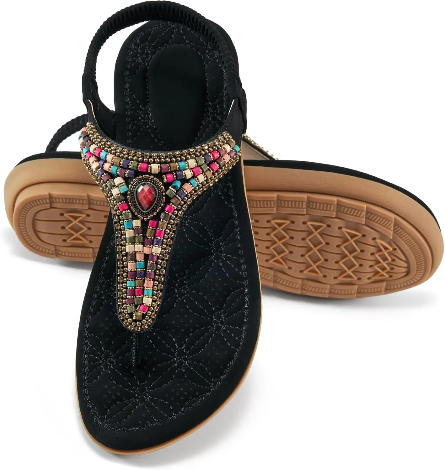 Ecetana Womens Sandals Dressy Flat with Bohemian Beaded Comfortable Casual Summer Slip On Ankle Elastic Thong Shoes