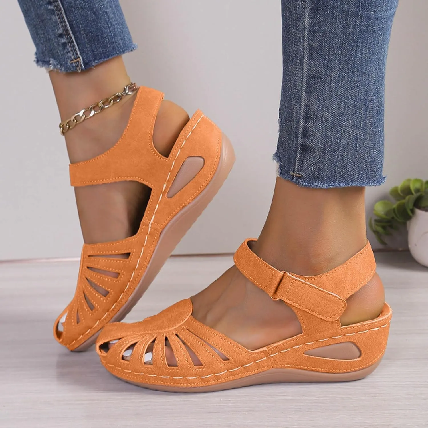 Eduavar Orthopedic Sandals for Women, Womens Sandals Comfortable Closed Toe Casual Hollow Out Shoes Orthotic Wedge Sandals