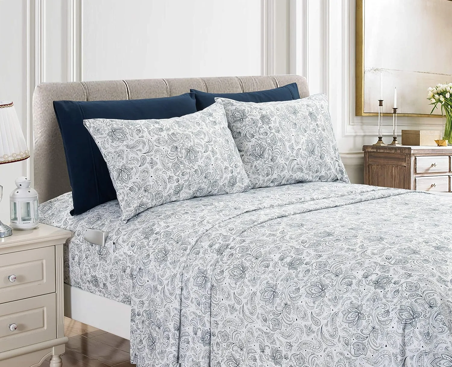 Elegant Comfort Luxury Soft Bed Sheets Paisley Pattern - 1500 Premium Hotel Quality Microfiber Softness Wrinkle and Fade Resistant (6-Piece) Bedding Set, Queen, Navy