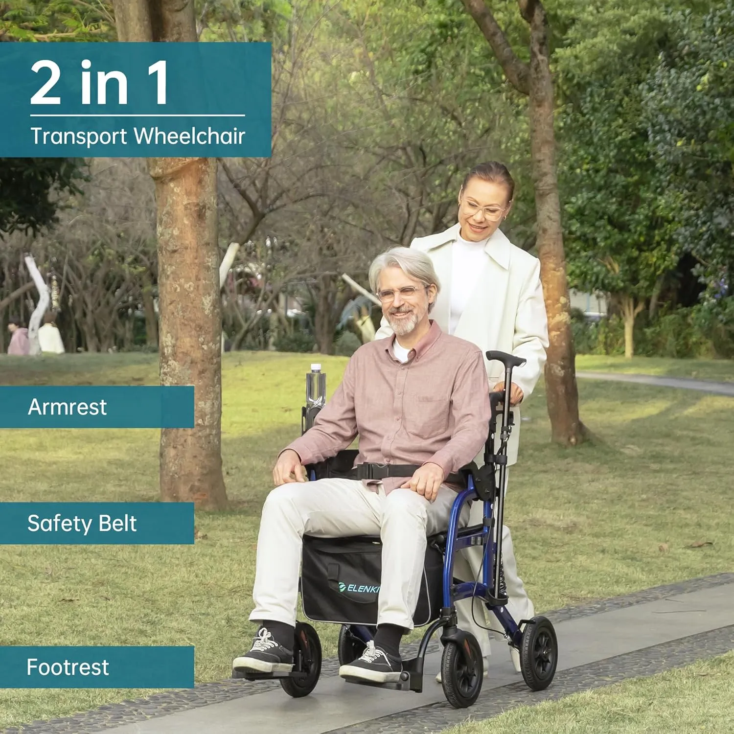 ELENKER Rollator Walker Transport Wheelchair Combo with Shock Absorber, 2 in 1 Rolling Walker with Seat, All Terrain Wheels for Seniors, Blue
