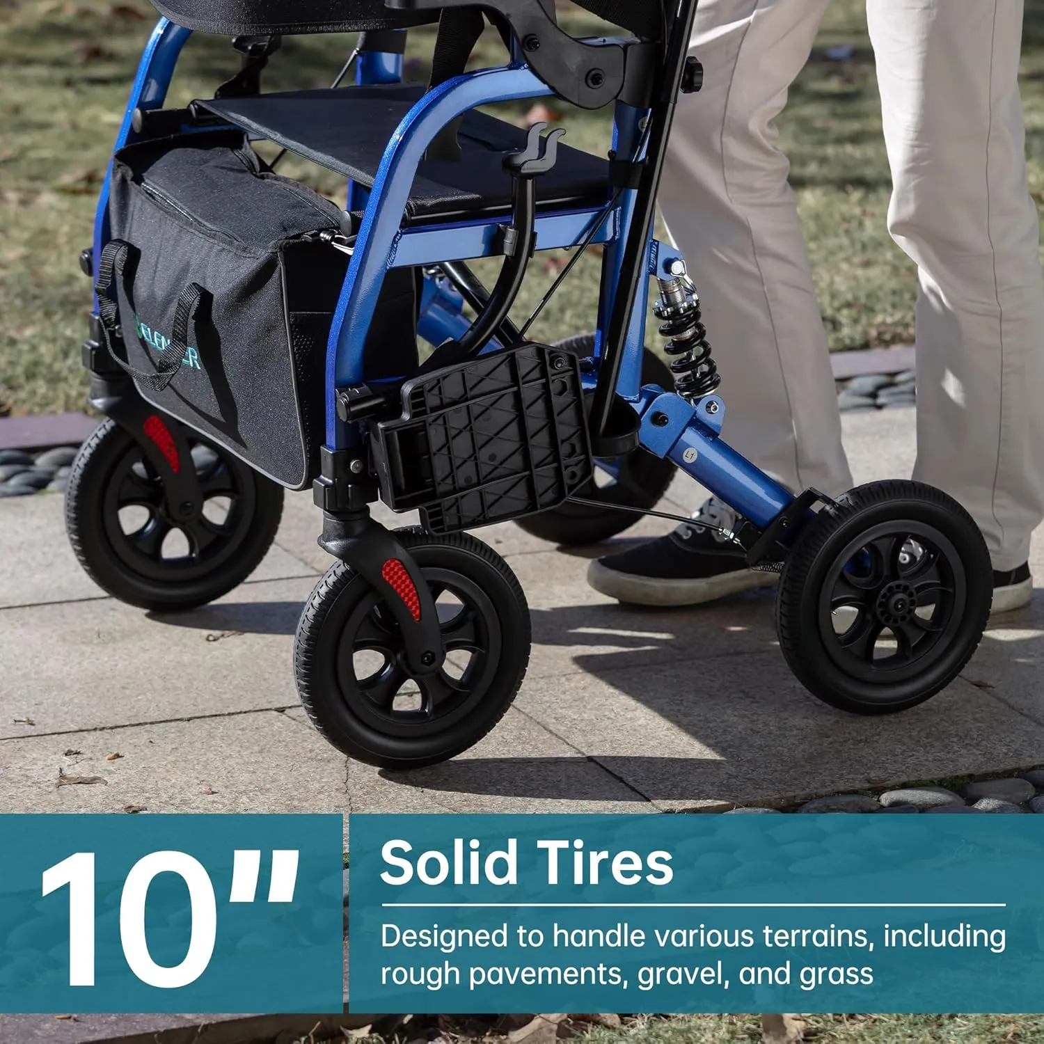 ELENKER Rollator Walker Transport Wheelchair Combo with Shock Absorber, 2 in 1 Rolling Walker with Seat, All Terrain Wheels for Seniors, Blue